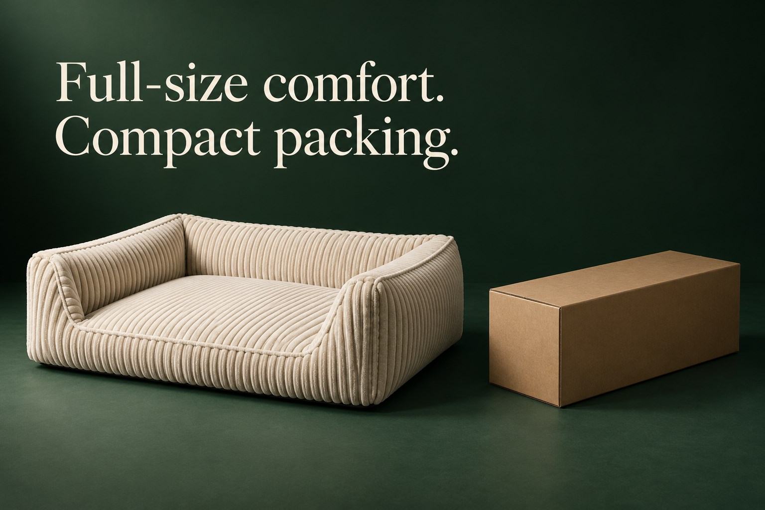 Full-size comfort. Compact packing. Dog bed and compact shipping carton — concept visual