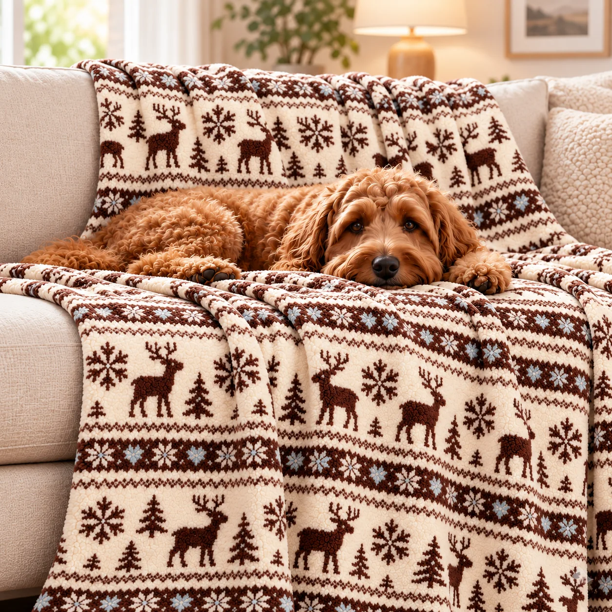 Nordic Deer Pet Blanket — Cream / brown deer