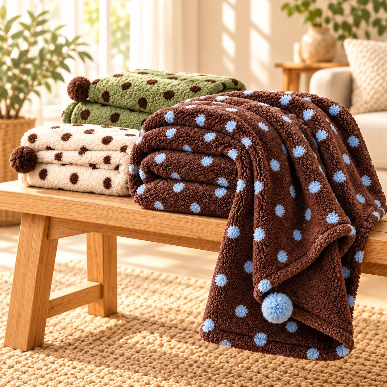 Polka-Dot Pom-Pom Pet Blanket — Draped view
